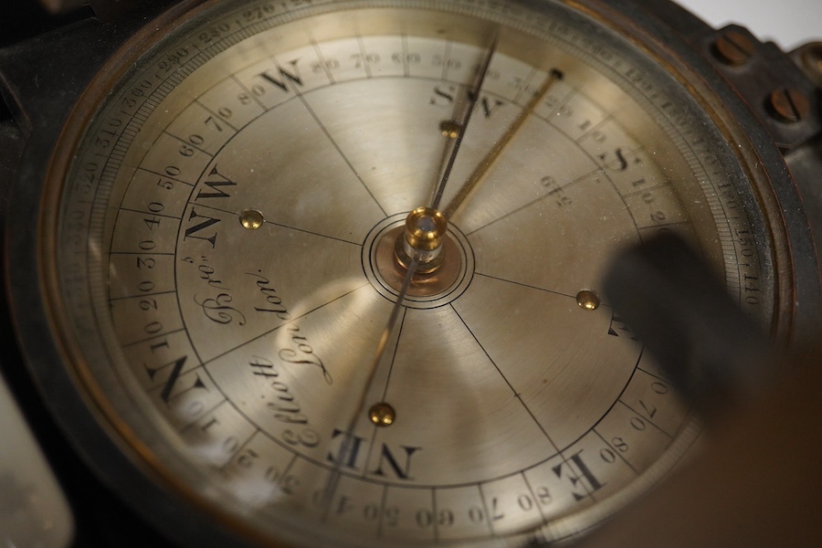 A mid 19th century Elliott Bros., London theodolite and teak tripod, with owner’s engraved name for John Frederick Bateman, the theodolite has been mounted on a later base for display.